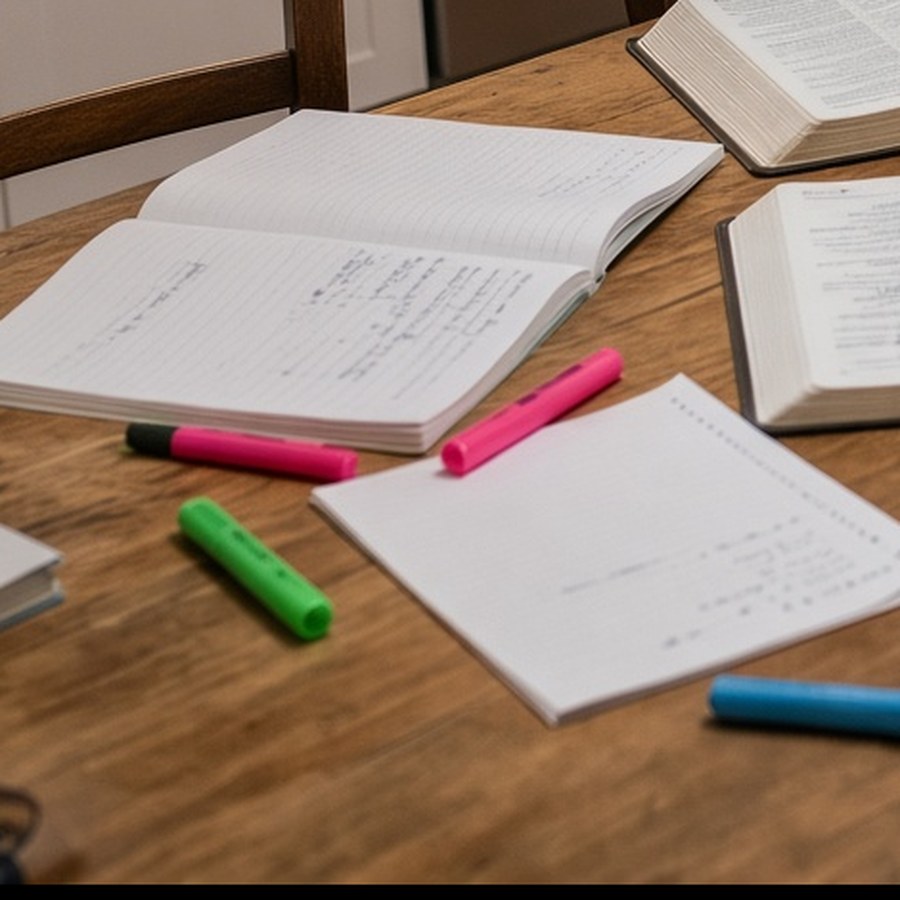A child's handwriting in an open notebook, with highlighters and a worksheet on the table